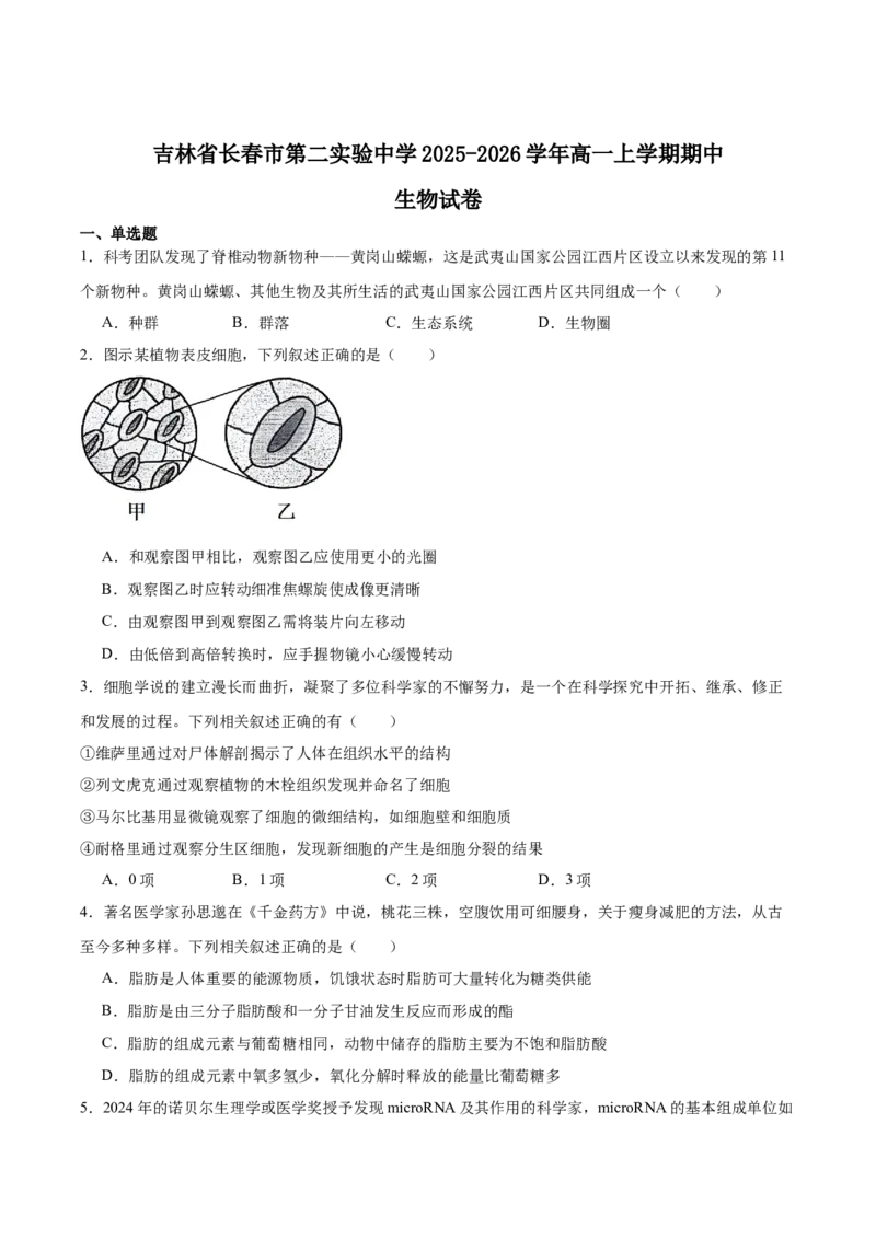 吉林省长春市第二实验中学2025-2026学年高一上学期11月期中考试生物Word版含答案_2025年12月高一试卷_251213吉林省长春市第二实验中学2025-2026学年高一上学期11月期中考试（全）