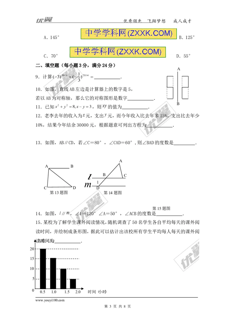 2015-2016学年湖南省湘潭市七年级下学期期末考试数学试题_湘教版初中数学课件_数学湘教版7下教案PPT课件配套资料_数学湘教版7下&mdash;6.各阶段精品试题_期中、月考、期末、中考真卷
