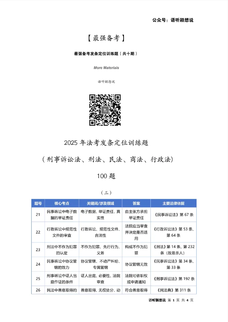 最强备考2025年法考发条定位训练题（刑事诉讼法、刑法、民法、商法、行政法)100题(3)_法考真题相关_主观题重要学习资料（精华整理）_2025年法考发条定位训练题最强备考