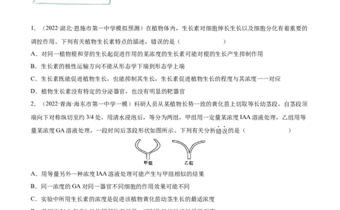 考向20植物生命活动的调节-备战2023年高考生物一轮复习考点微专题（全国通用）（原卷版）_通用版（老高考）复习资料_2023年复习资料_一轮复习