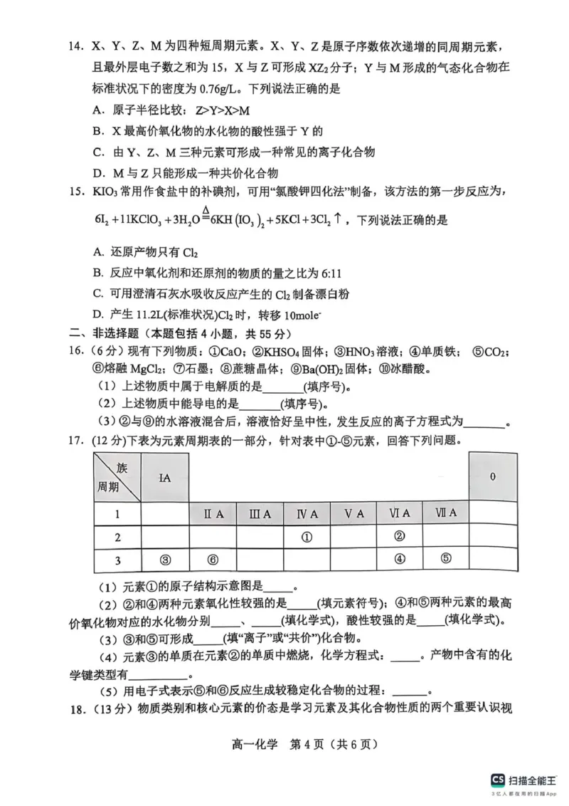 楂樹竴鍖栧鍗峰崱_2025年02月试卷_0226辽宁省葫芦岛市2024-2025学年高一上学期1月期末考试_辽宁省葫芦岛市2024-2025学年高一上学期1月期末考试化学试题（图片版，含答案）