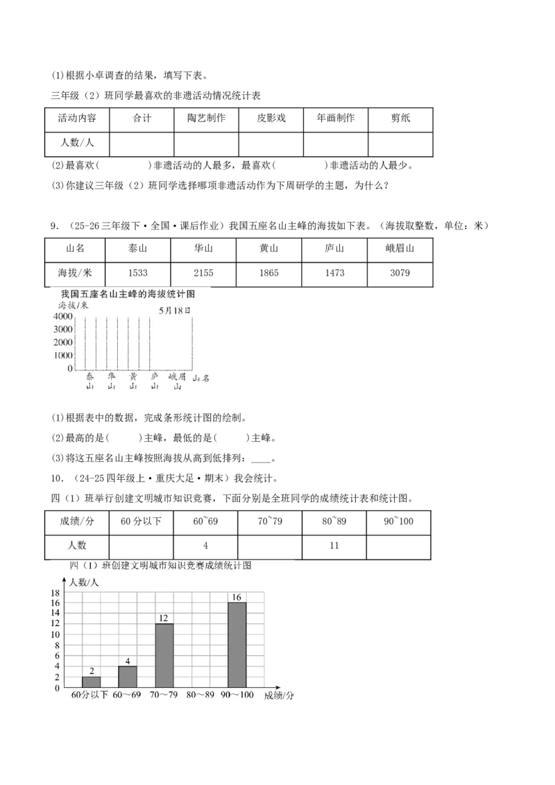 第四单元统计表和条形统计图（一）（知识梳理+3个考点讲练+真题演练+难度分层练共37题）原卷版(1)_三年级数学下册（苏教版）_母题专项练习-K36_2026版