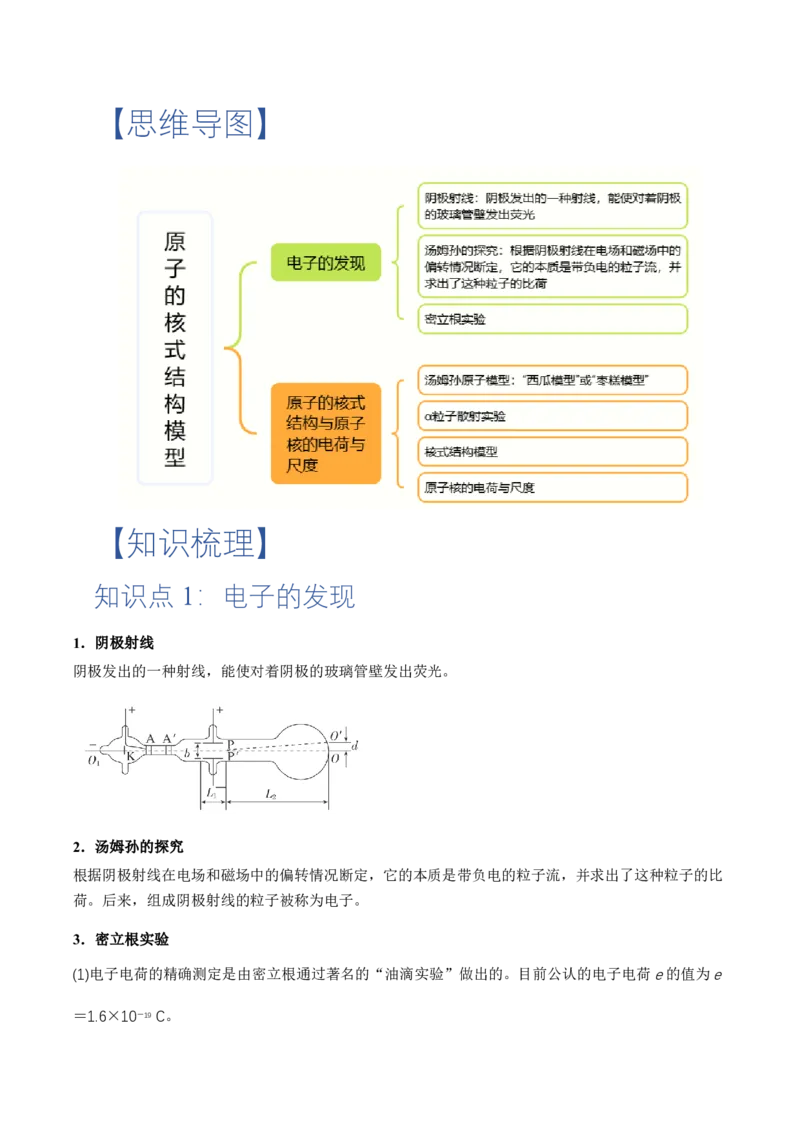 4.3原子的核式结构模型（举一反三讲义）（原卷版）_2026高考物理_222026版物理《高考一轮复习举一反三》全国版_2026《高中物理&bull;举一反三系列》选修三(RJ)_举一反三讲义