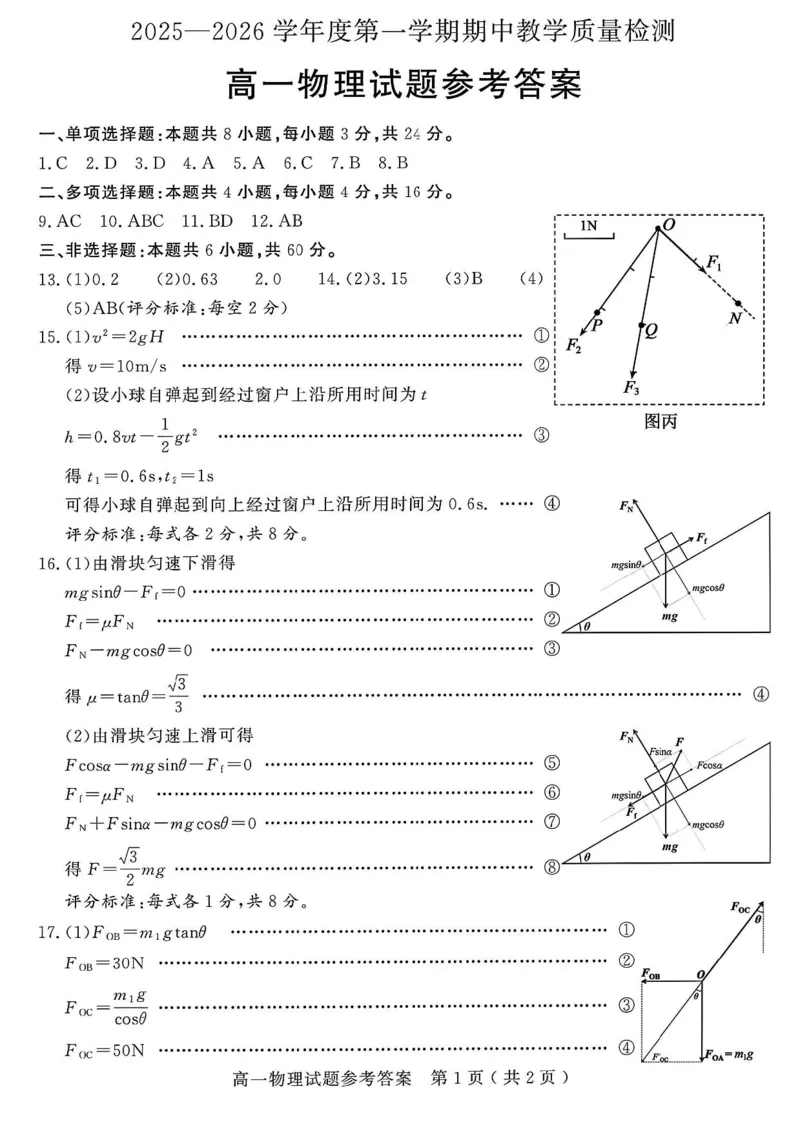 山东省聊城市2025-2026学年高一上学期11月期中物理试题含答案_2025年12月高一试卷_251211山东省聊城市2025-2026学年高一上学期11月期中（全）