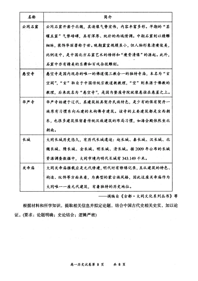 山西省大同市2024-2025学年度第一学期期中高一年级教学质量检测历史试题_2024年12月试卷_1201山西省大同市2024-2025学年高一上学期11月期中考试