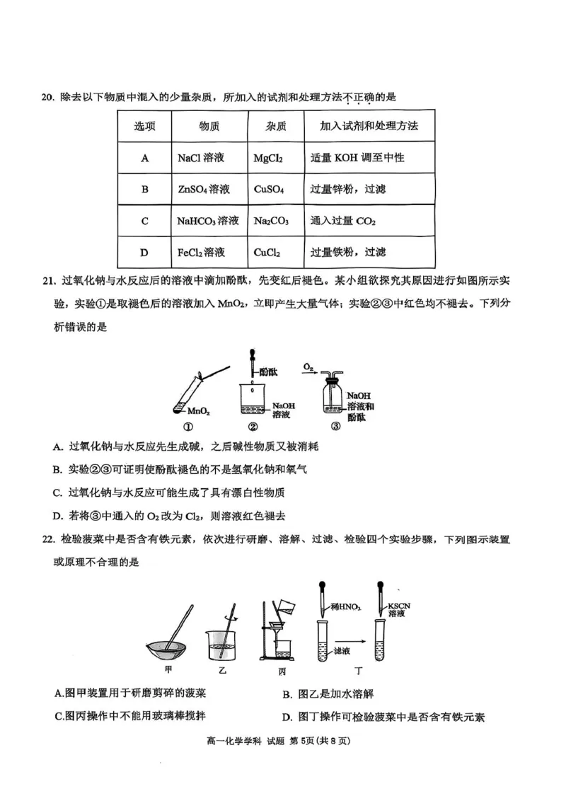 浙江省&rdquo;七彩阳光&ldquo;新高考研究联盟2025-2026学年高一上学期期中联考化学试卷（图片版，含答案）_2025年12月高一试卷