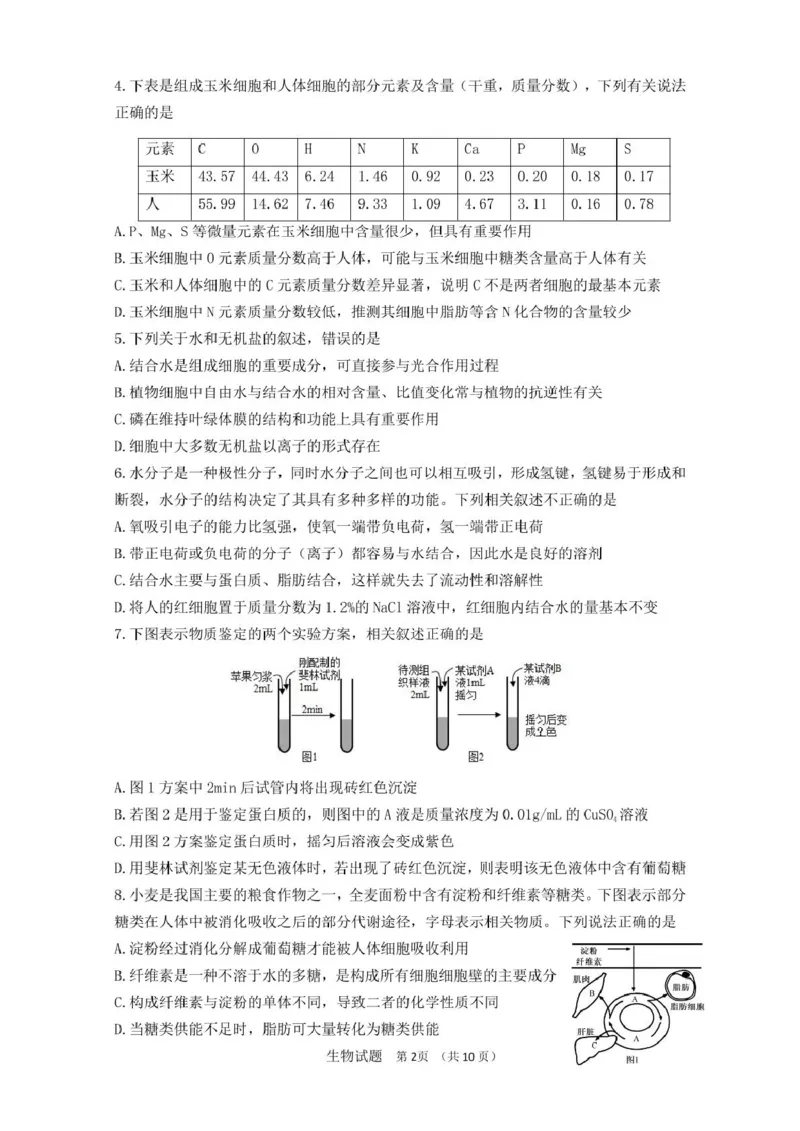 山东师范大学附属中学2025-2026学年高一上学期期中考试生物PDF版含答案_2025年12月高一试卷_251222山东师范大学附属中学2025-2026学年高一上学期期中考试（全）