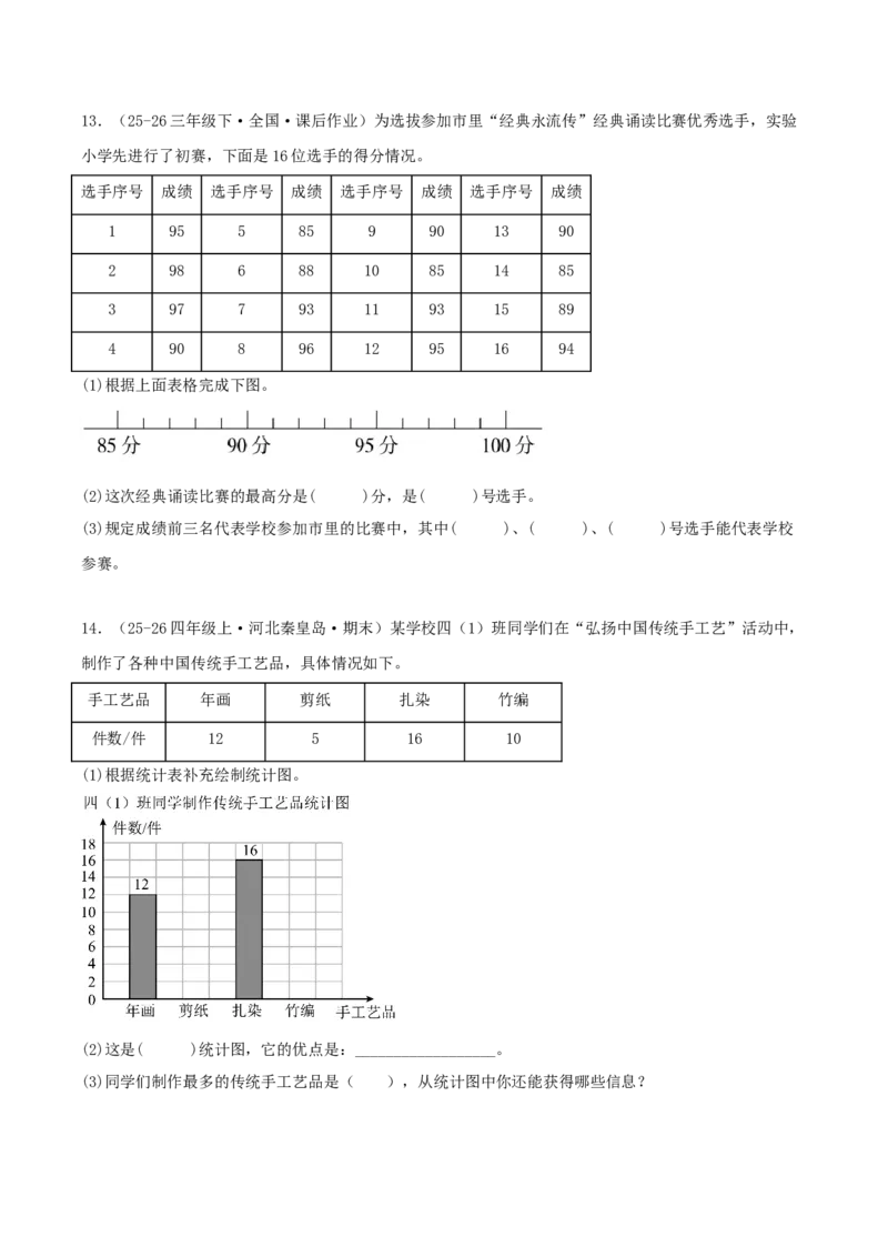 第四单元统计表和条形统计图（一）（易错知识梳理+3个易错考点讲练+优选真题拔尖练共32题）原卷版(1)_三年级数学下册（苏教版）_母题专项练习-K36_2026版