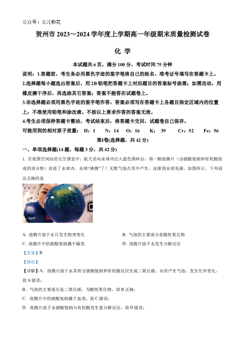广西贺州市2023-2024学年高一上学期期末考试化学试题Word版含解析_2024年12月试卷_1223广西壮族自治区贺州市2023-2024学年高一上学期期末考试