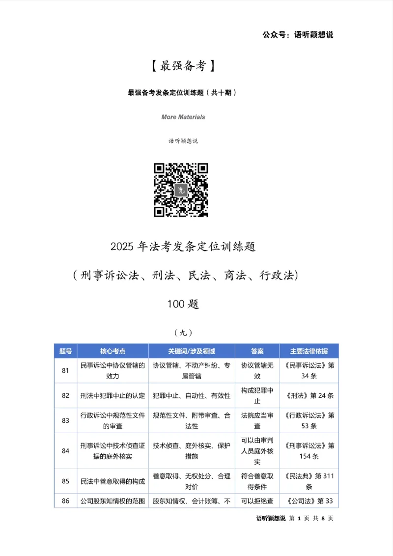 最强备考2025年法考发条定位训练题（刑事诉讼法、刑法、民法、商法、行政法)100题(9)_法考真题相关_主观题重要学习资料（精华整理）_2025年法考发条定位训练题最强备考