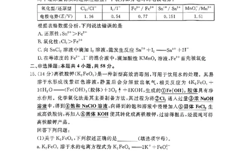 河南驻马店经济开发区高级中学2024-2025学年（上）高一年级期中考试化学试题_2024年11月试卷_1122青桐鸣河南省普通高中2024-2025学年高一上学期期中