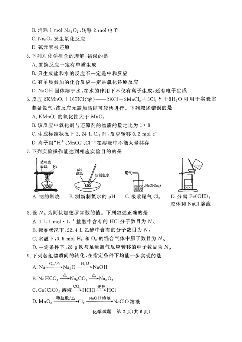 河南驻马店经济开发区高级中学2024-2025学年（上）高一年级期中考试化学试题_2024年11月试卷_1122青桐鸣河南省普通高中2024-2025学年高一上学期期中
