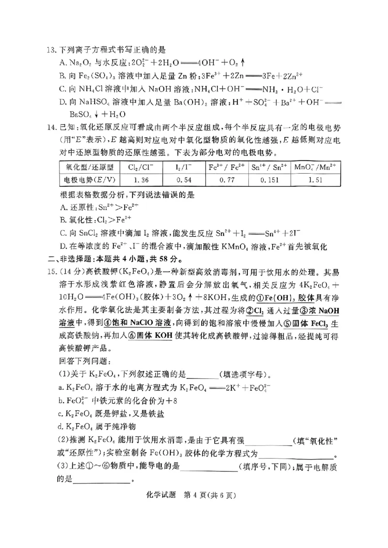 河南驻马店经济开发区高级中学2024-2025学年（上）高一年级期中考试化学试题_2024年11月试卷_1122青桐鸣河南省普通高中2024-2025学年高一上学期期中