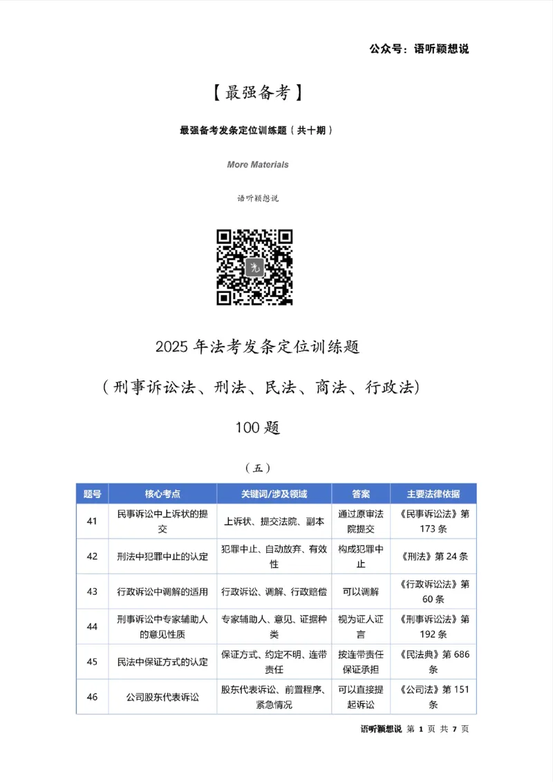 最强备考2025年法考发条定位训练题（刑事诉讼法、刑法、民法、商法、行政法)100题(5)_法考真题相关_主观题重要学习资料（精华整理）_2025年法考发条定位训练题最强备考
