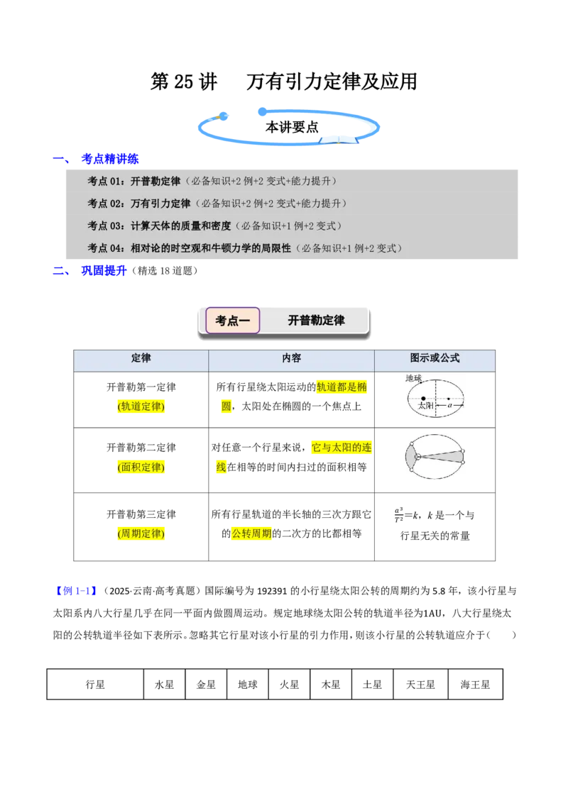 第25讲万有引力定律及应用(解析版)_2026高考物理_222026版物理《高考一轮复习举一反三》全国版_第25讲万有引力定律及应用
