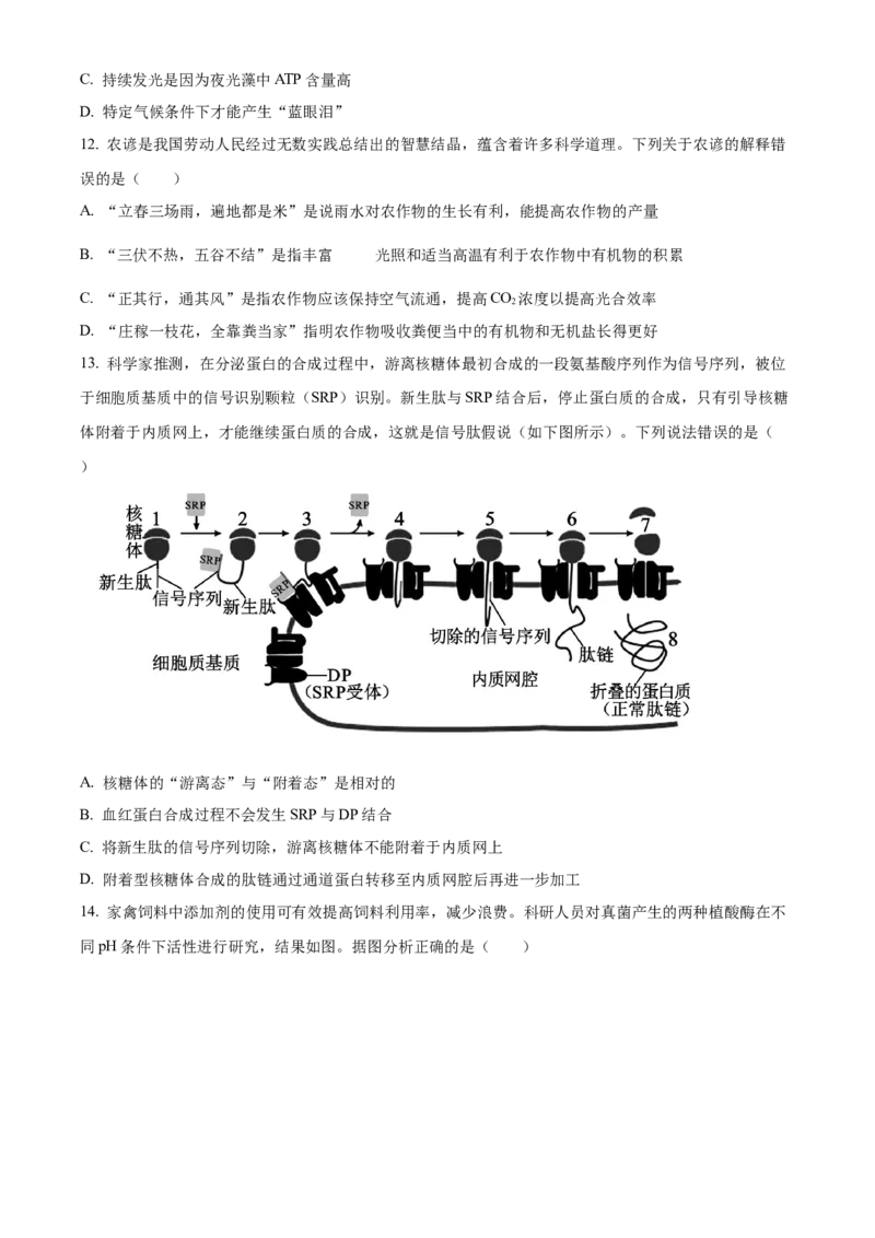 广东省清远市2024-2025学年高一上学期期末考试生物试题Word版无答案_2025年03月试卷_0312广东省清远市2024-2025学年高一上学期期末考试