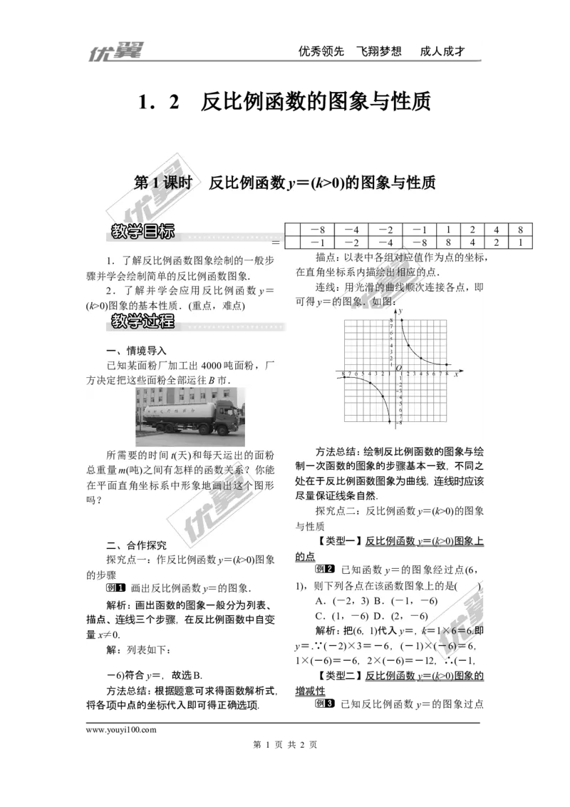 1.2第1课时反比例函数y=k&divide;x（k＞0）的图象和性质1_湘教版初中数学课件_数学湘教版9上教案PPT课件配套资料_数学湘教版初中9年级上册--3.教案