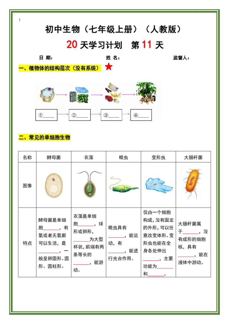 人教版七年级上册生物暑假预习20天计划_六升七暑假衔接