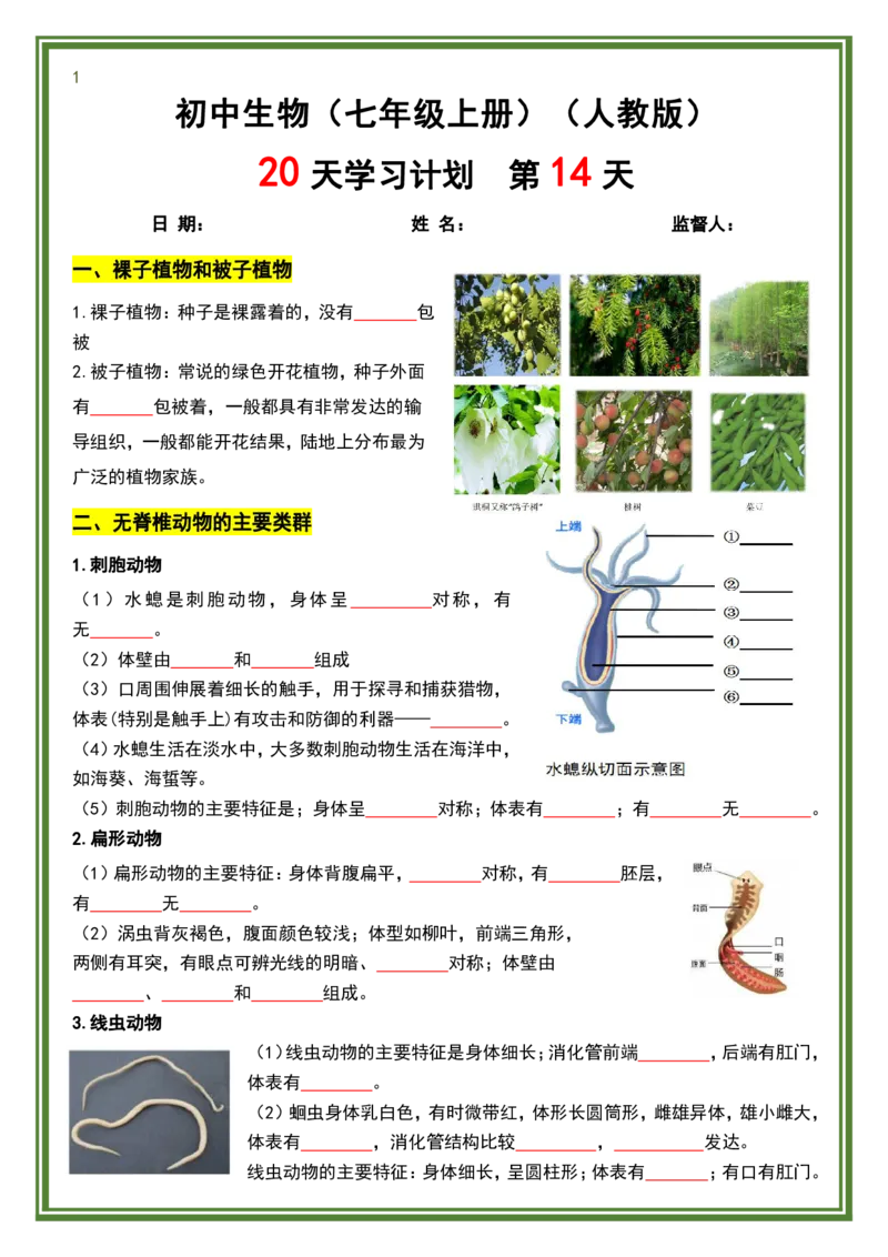 人教版七年级上册生物暑假预习20天计划_六升七暑假衔接