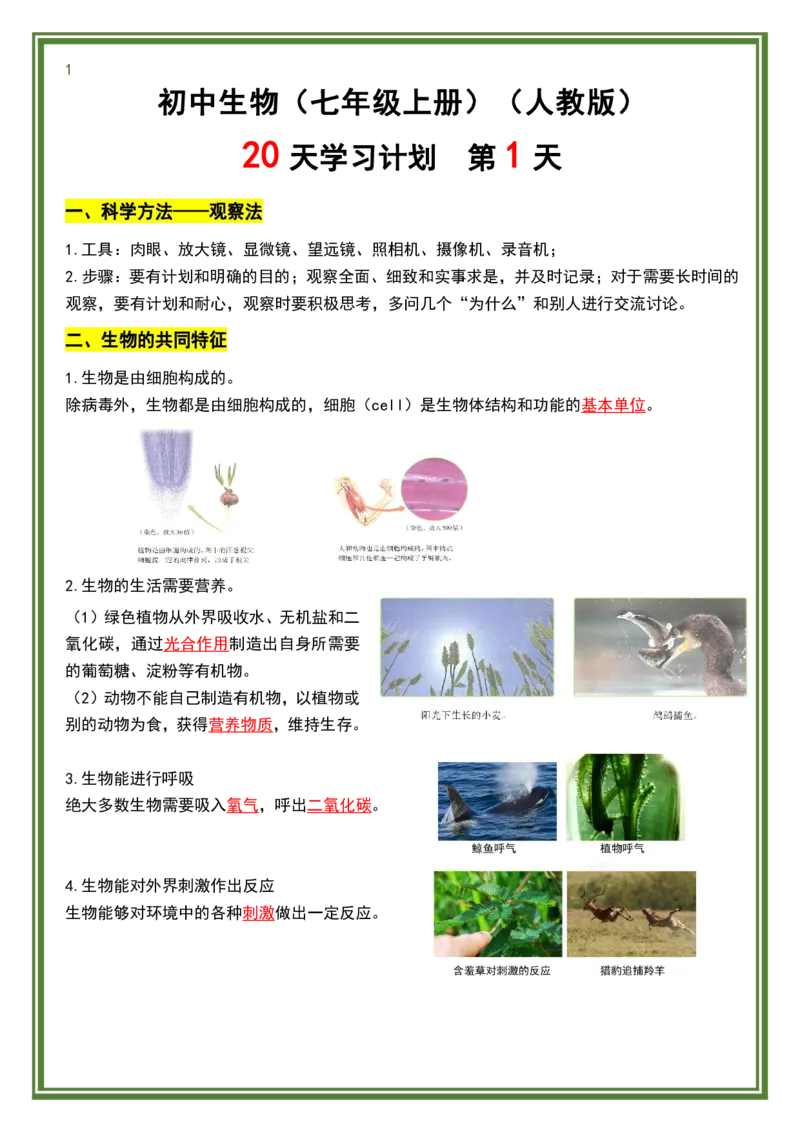 人教版七年级上册生物暑假预习20天计划_六升七暑假衔接