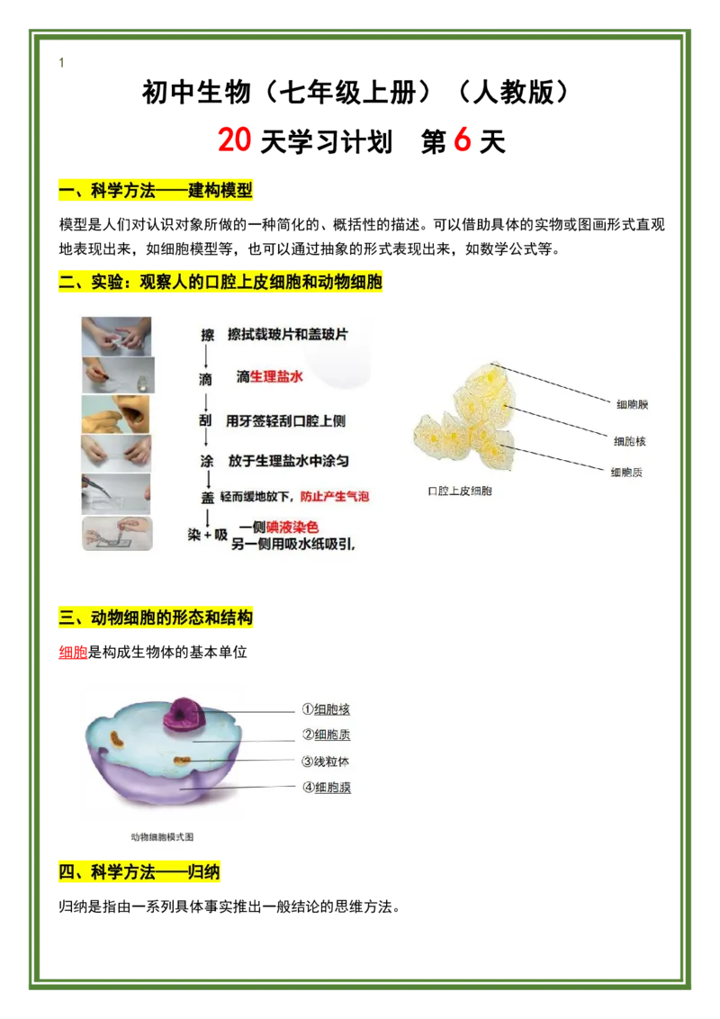 人教版七年级上册生物暑假预习20天计划_六升七暑假衔接