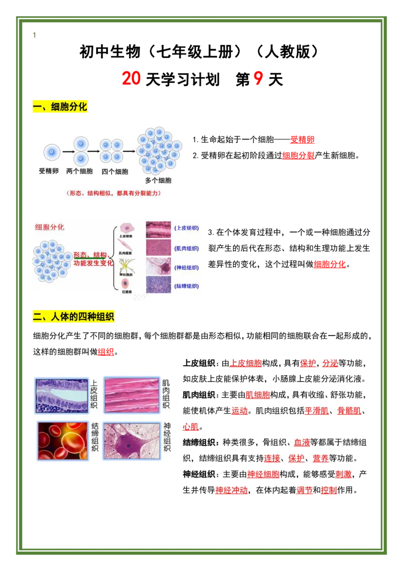 人教版七年级上册生物暑假预习20天计划_六升七暑假衔接