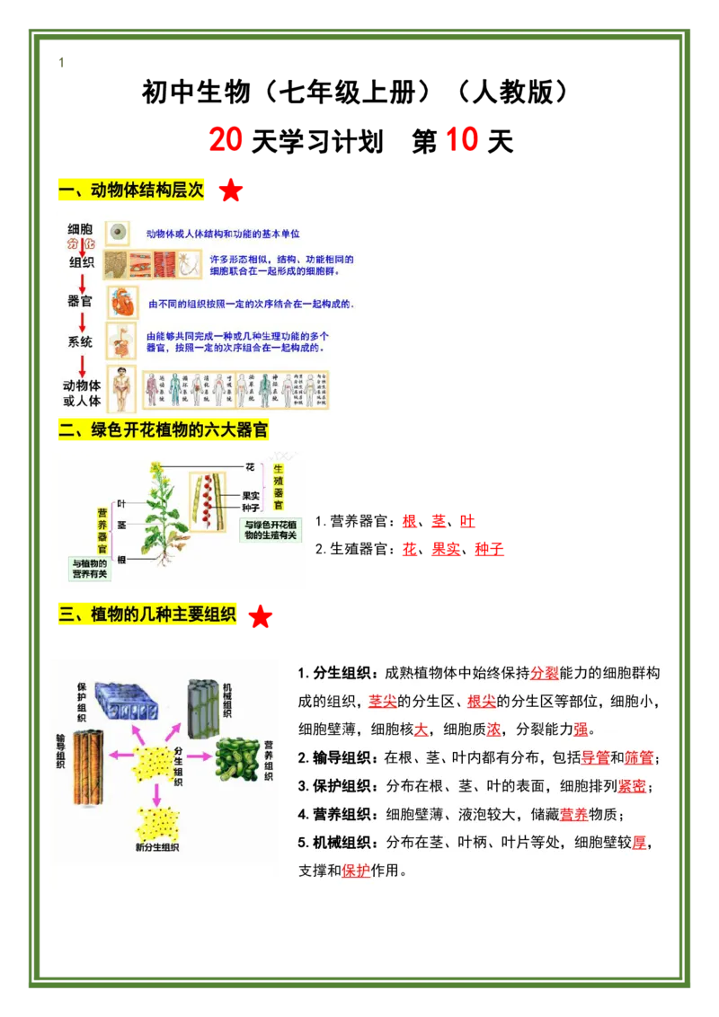 人教版七年级上册生物暑假预习20天计划_六升七暑假衔接