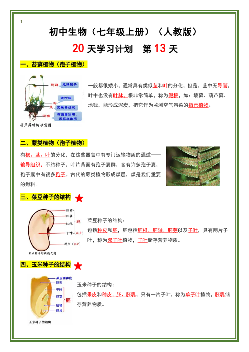 人教版七年级上册生物暑假预习20天计划_六升七暑假衔接