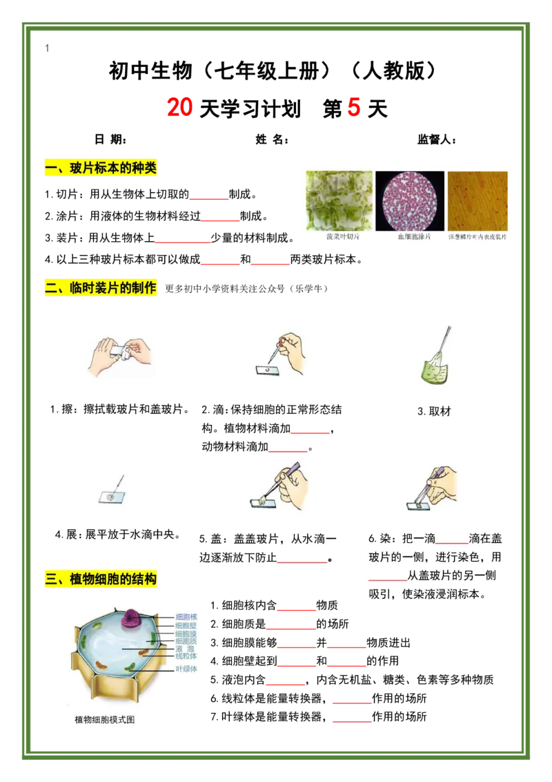 人教版七年级上册生物暑假预习20天计划_六升七暑假衔接