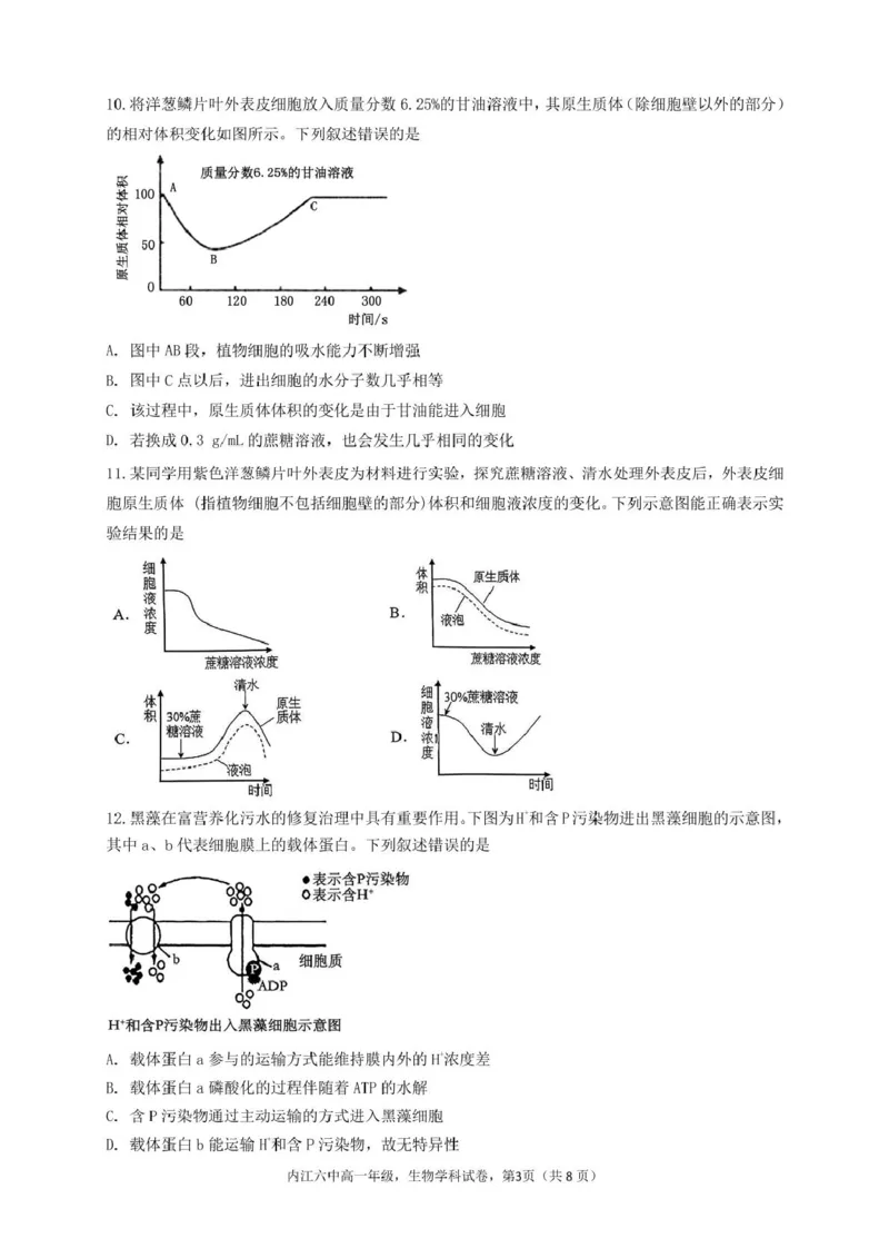 四川省内江市第六中学2024-2025学年高一下学期入学考试生物试题_2025年03月试卷_0309四川省内江第六中学2024-2025学年高一下学期入学考试