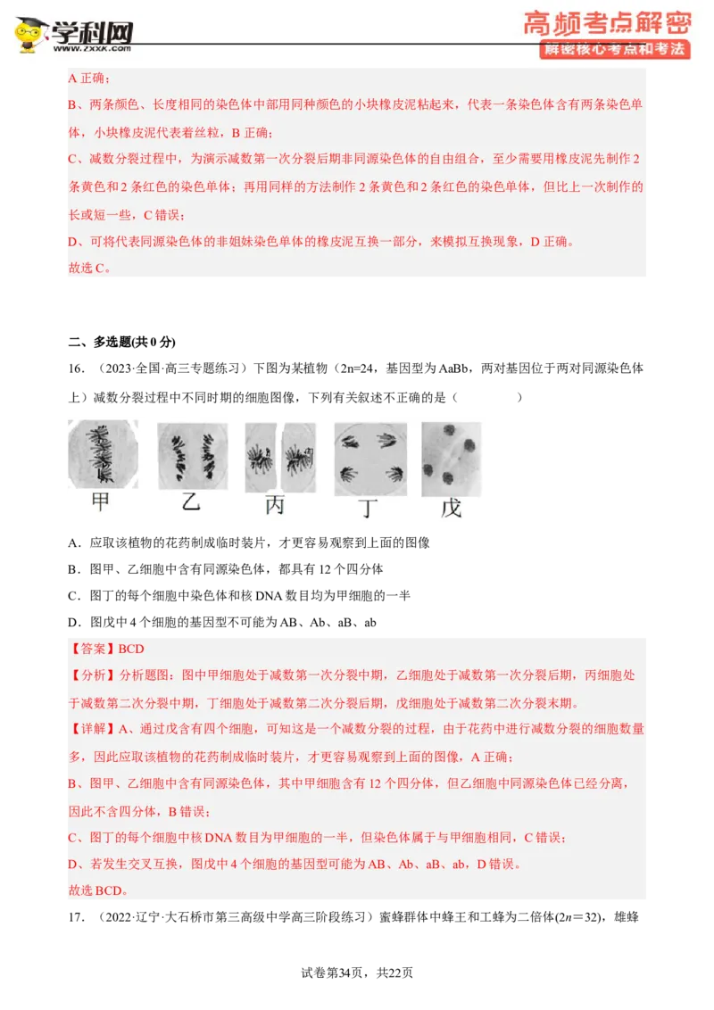 解密07遗传的细胞学基础（分层训练)（解析版）_新高考复习资料_2023年新高考复习资料_二轮复习_高频考点解密2023年高考生物二轮复习讲义+分层训练（全国通用）288808838