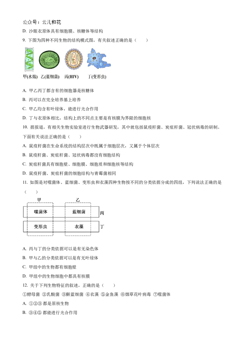 重庆市七校联考2024-2025学年高一上学期第一次月考生物试题Word版无答案_2024年11月试卷_1105重庆市七校联考2024-2025学年高一上学期第一次月考