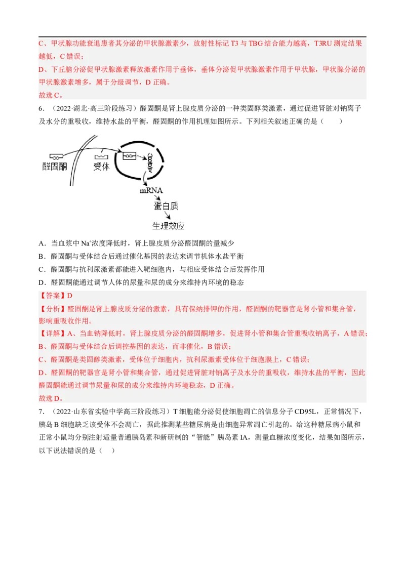 解密12体液调节（分层训练)（解析版）_通用版（老高考）复习资料_2023年复习资料_二轮复习_高频考点解密2023年高考生物二轮复习讲义+分层训练（全国通用）
