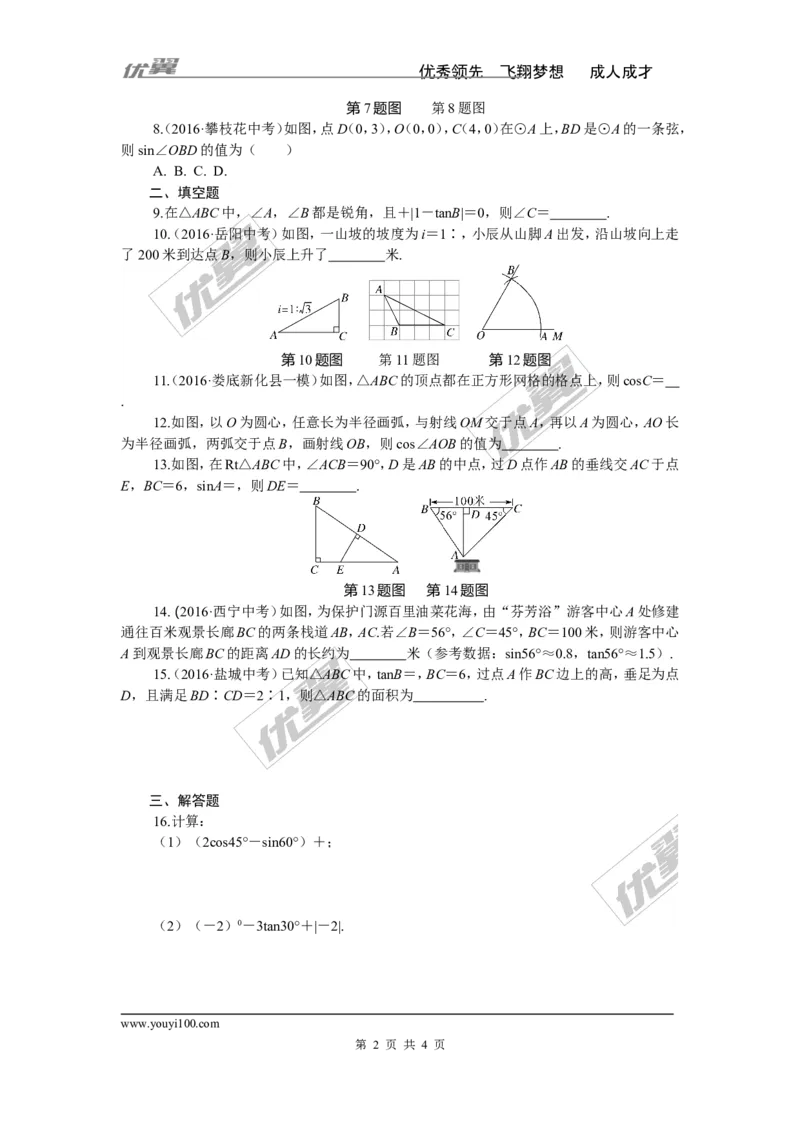 专项训练四　锐角三角函数_湘教版初中数学课件_数学湘教版9下教案PPT课件配套资料_数学湘教版初中9年级下册--7.各阶段精品试题_九年级全册复习专项训练