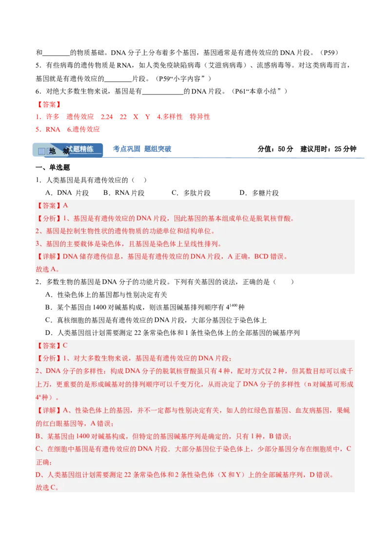 考点通关卷20DNA结构、复制与基因的本质（解析版）_2025年新高考资料_一轮复习_2025年高考生物一轮复习考点通关卷（新高考通用）