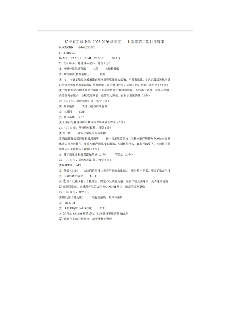 辽宁省实验中学2025-2026学年高一上学期12月月考生物试卷（含答案）_2025年12月高一试卷_251218辽宁省实验中学2025-2026学年高一上学期12月月考（全）