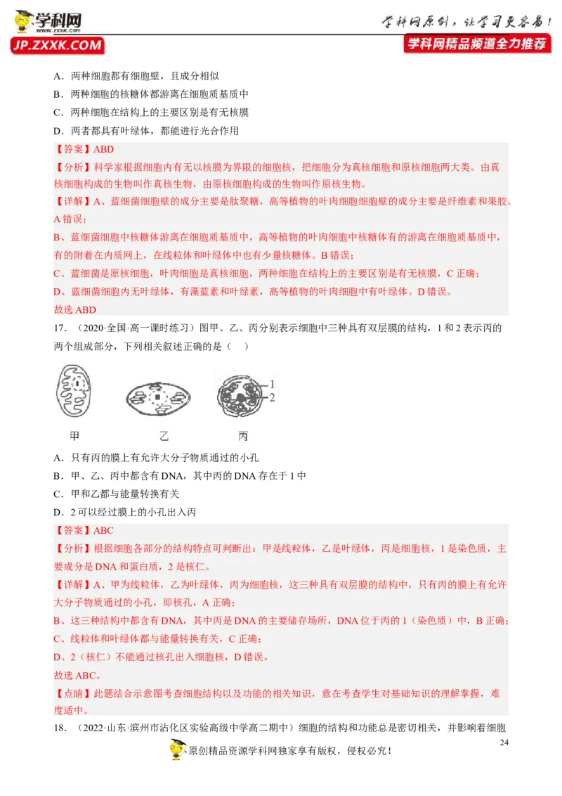 解密02细胞的基本结构（分层训练)（解析版）_新高考复习资料_2023年新高考复习资料_二轮复习_高频考点解密2023年高考生物二轮复习讲义+分层训练（全国通用）288808838