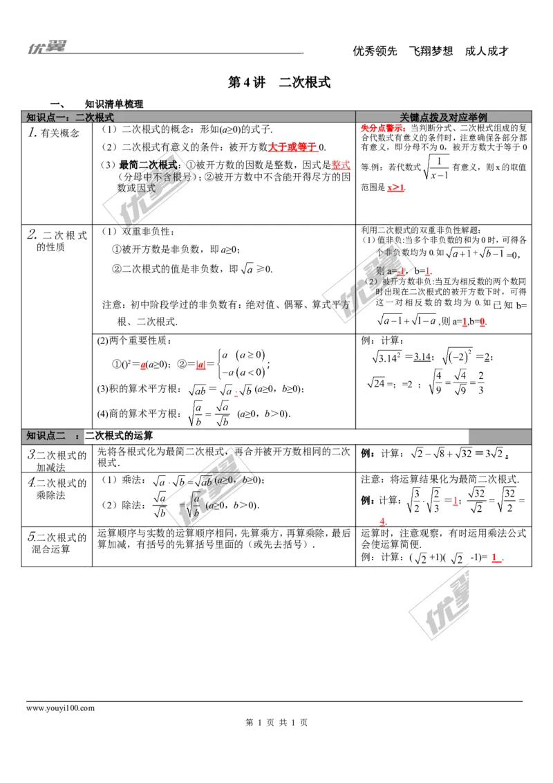 第4讲二次根式_湘教版初中数学课件_数学湘教版9下教案PPT课件配套资料_数学湘教版初中9年级下册--5.中考知识点梳理_第一单元数与式