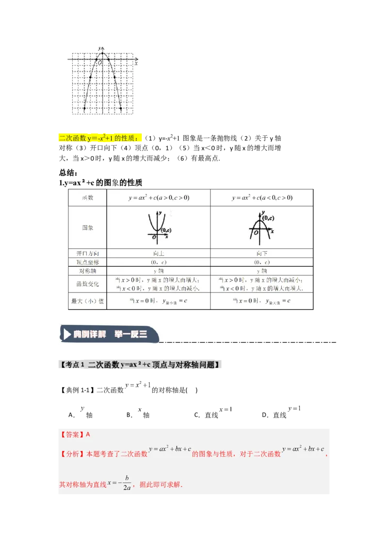 22.1.2.2二次函数y=ax&sup2;+c的图象和性质（知识解读+达标检测）（教师版）_人教版数学九年级上册_版本二_九年级数学上册（人教版）_知识解读与题型专练-V14_2025版