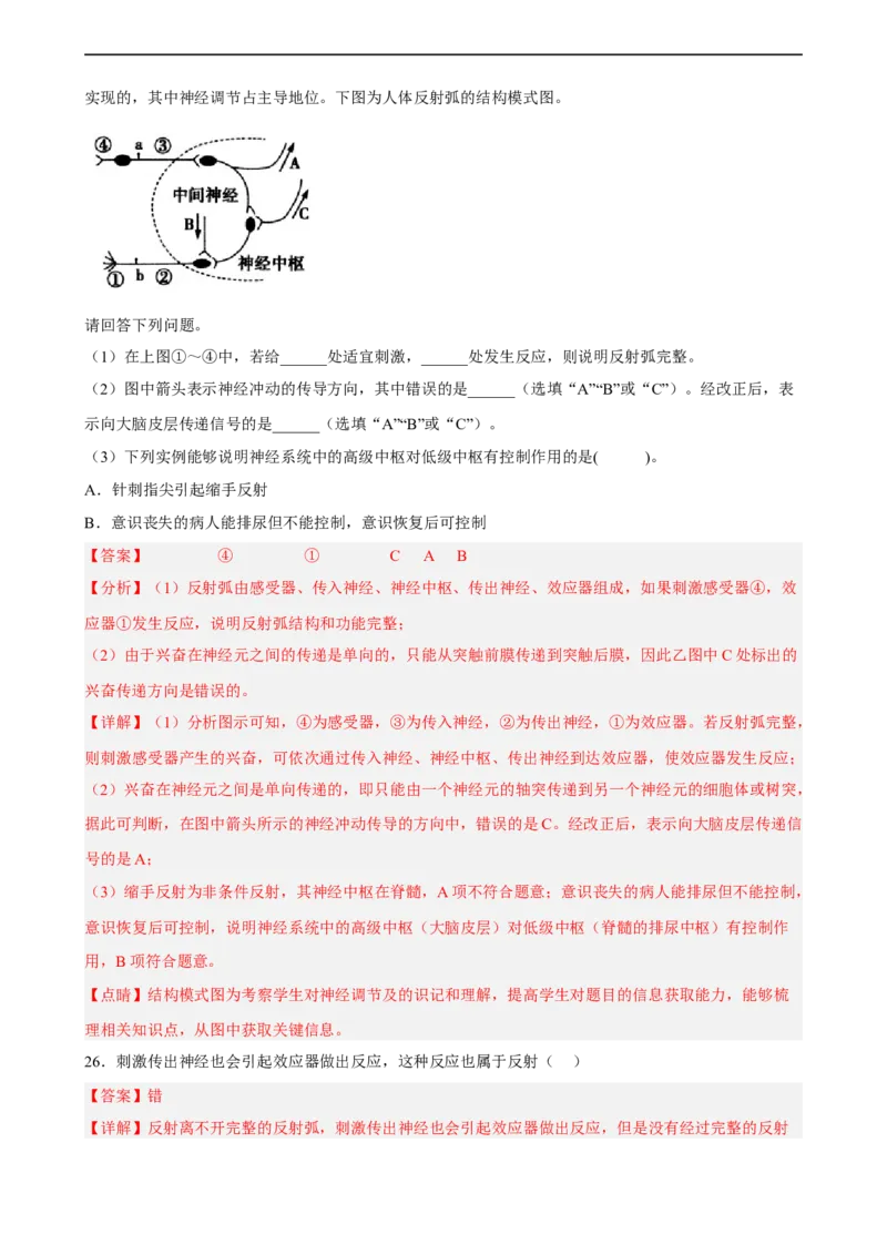 解密11神经调节（分层训练)（解析版）_通用版（老高考）复习资料_2023年复习资料_二轮复习_高频考点解密2023年高考生物二轮复习讲义+分层训练（全国通用）