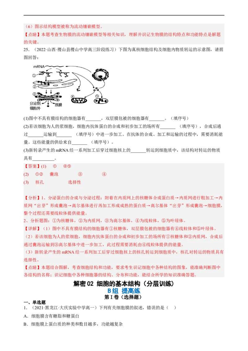 解密02细胞的基本结构（分层训练)（解析版）_通用版（老高考）复习资料_2023年复习资料_二轮复习_高频考点解密2023年高考生物二轮复习讲义+分层训练（全国通用）
