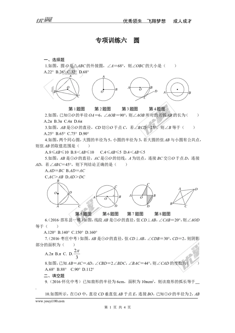 专项训练六　圆_湘教版初中数学课件_数学湘教版9下教案PPT课件配套资料_数学湘教版初中9年级下册--7.各阶段精品试题_九年级全册复习专项训练