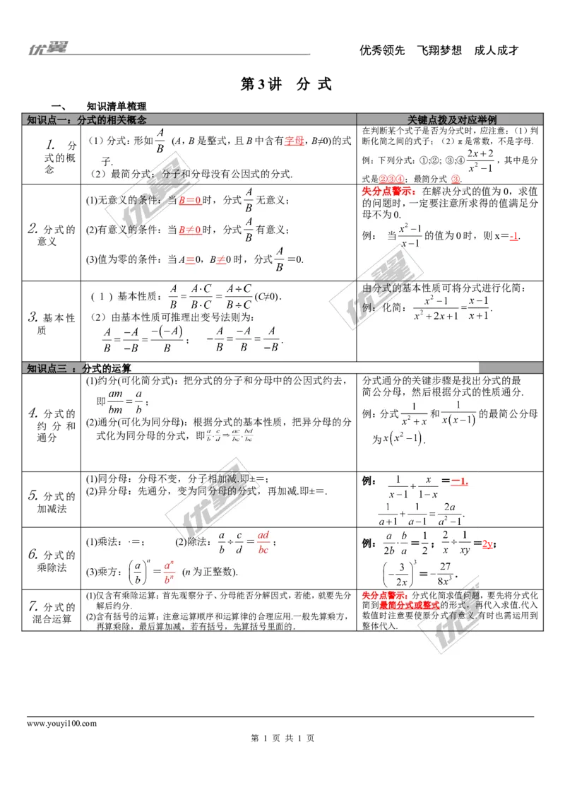 第3讲分式_湘教版初中数学课件_数学湘教版9下教案PPT课件配套资料_数学湘教版初中9年级下册--5.中考知识点梳理_第一单元数与式