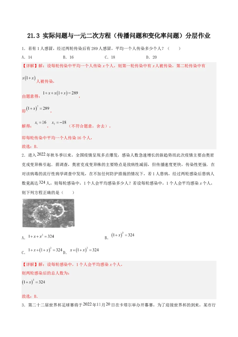21.3实际问题与一元二次方程（传播问题和变化率问题）（分层作业）解析版_人教版数学九年级上册_版本二_九年级数学上册（人教版）_分层作业