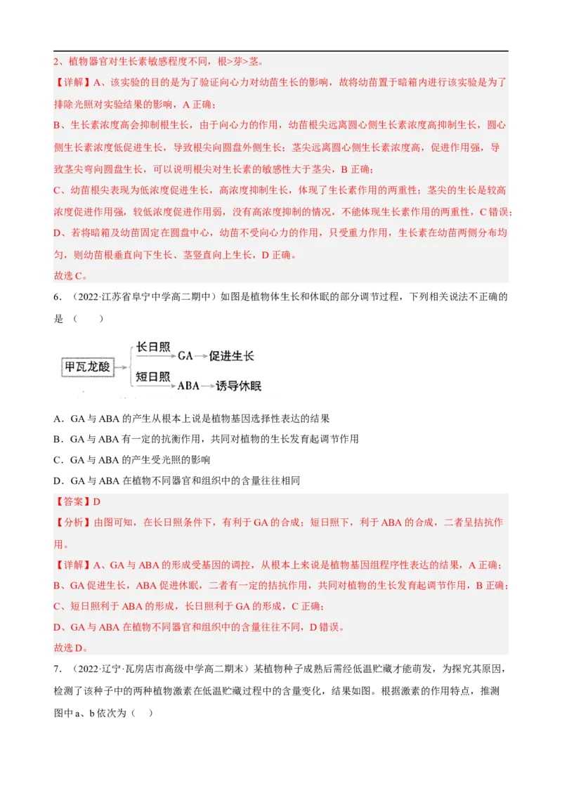 解密14植物生命活动的调节（分层训练)（解析版）_通用版（老高考）复习资料_2023年复习资料_二轮复习_高频考点解密2023年高考生物二轮复习讲义+分层训练（全国通用）