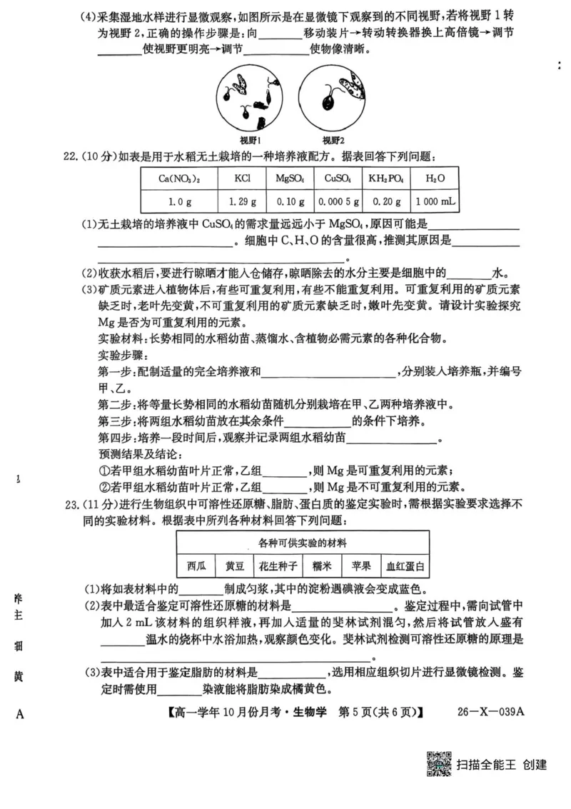 黑龙江省龙东联盟2025-2026学年高一上学期10月月考生物试题含答案_2025年10月高一试卷_251014黑龙江省龙东联盟2025-2026学年高一上学期10月月考
