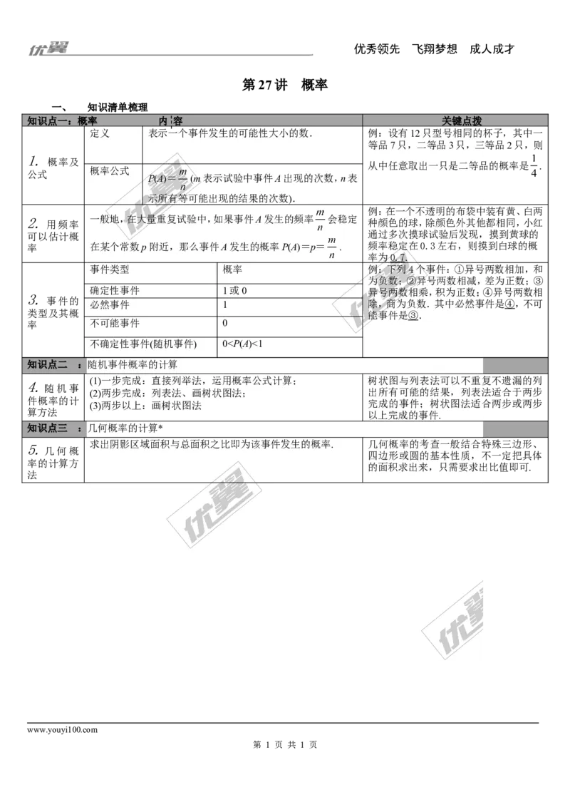 第27讲概率_湘教版初中数学课件_数学湘教版9下教案PPT课件配套资料_数学湘教版初中9年级下册--5.中考知识点梳理_第八单元统计与概率