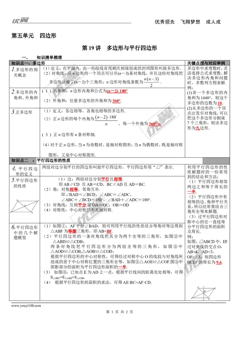 第19讲多边形与平行四边形_湘教版初中数学课件_数学湘教版9下教案PPT课件配套资料_数学湘教版初中9年级下册--5.中考知识点梳理_第五单元四边形