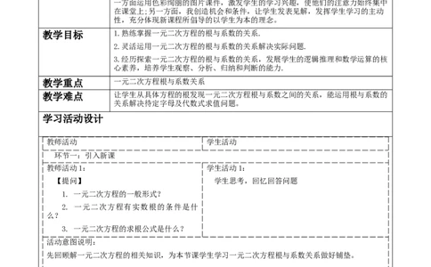21.2.4一元二次方程根与系数的关系教案_人教版数学九年级上册_版本二_九年级数学上册（人教版）_大单元教学课件+教学设计-U42_第二十一章一元二次方程