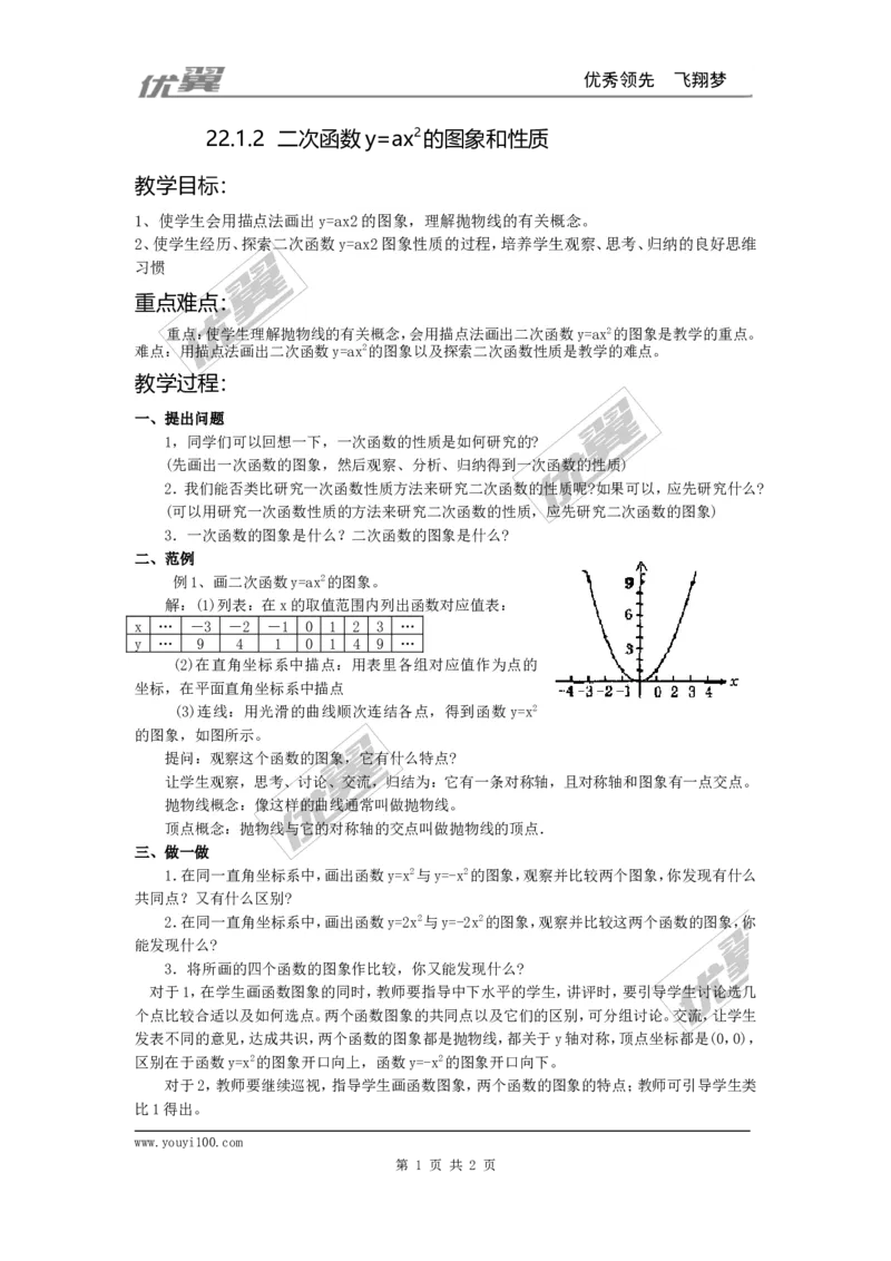 22.1.2二次函数y=ax2的图象和性质2_人教版数学九年级上册_版本一_人教版数学九年级上册（RJ）--2教案_人教版数学九年级上册（RJ）--2教案